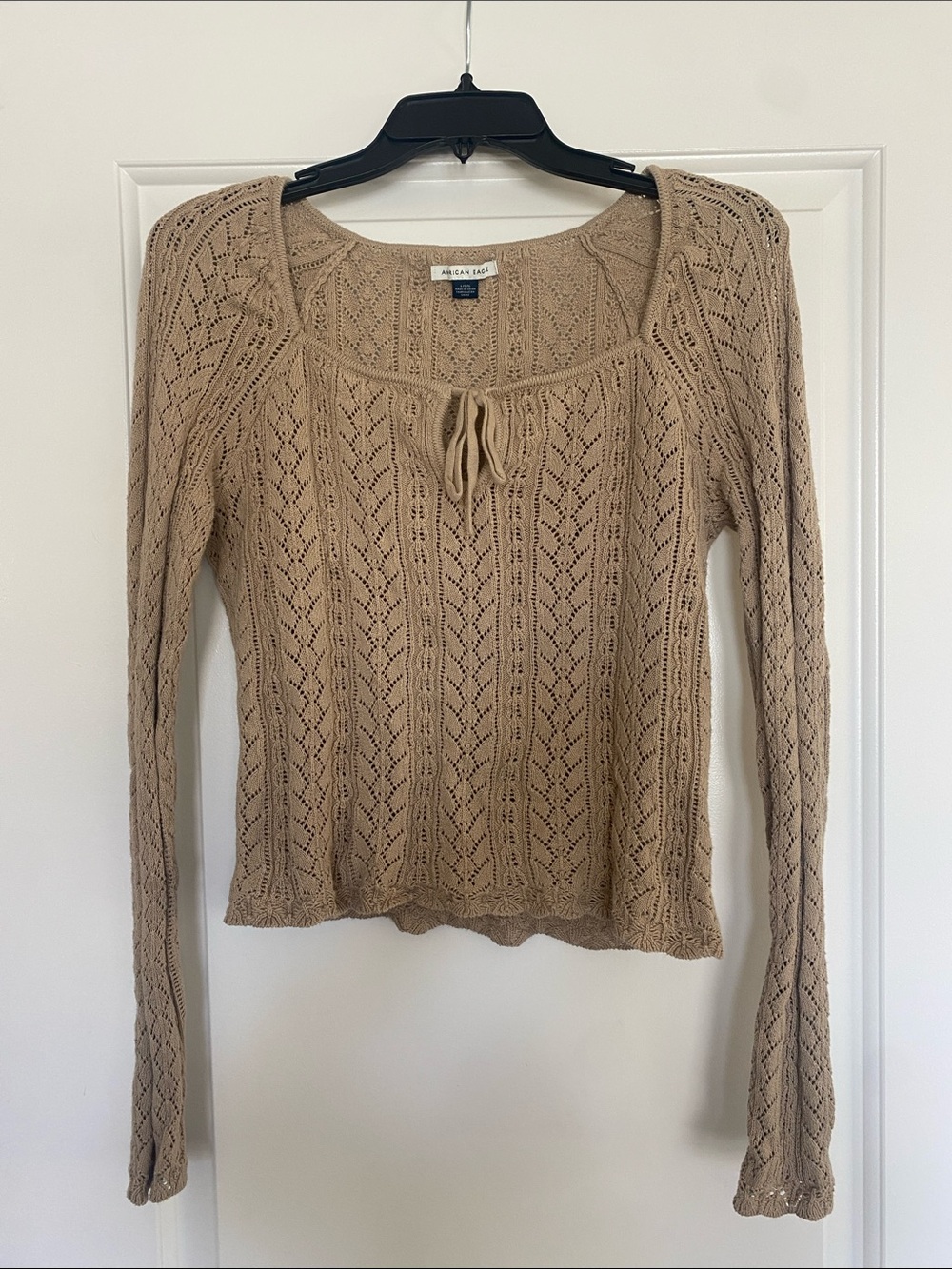 American Eagle Beige Openwork Tie-Front Scoop Neck Sweater